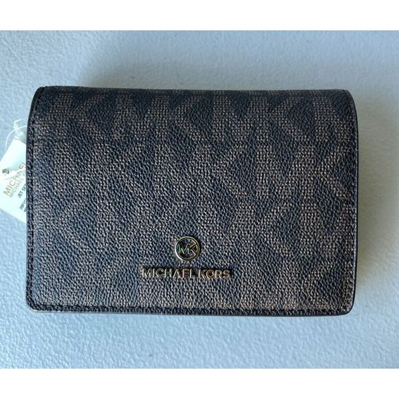 MICHAEL KORS Jet Blue Charm Women's Brown Logo Small Wallet New - Picture 1 of 6